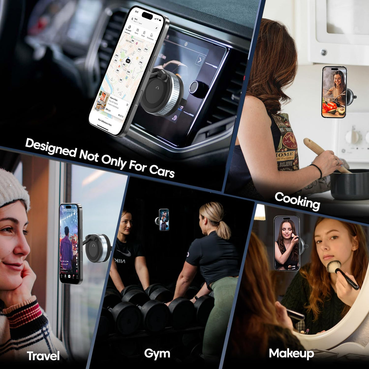 Universal Magnetic Phone Mount with 360° Use in Cars, Home Gyms, Mirrors, and Showers